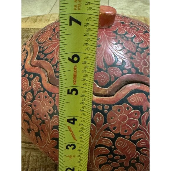 Mexican Handcrafted Decorative Red & Black Lidded Gourd Bowl With Floral & Fish - Picture 7 of 8